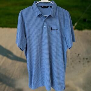 TravisMathew Payne's Valley Golf Course L Performance Blue Striped Polo tiger